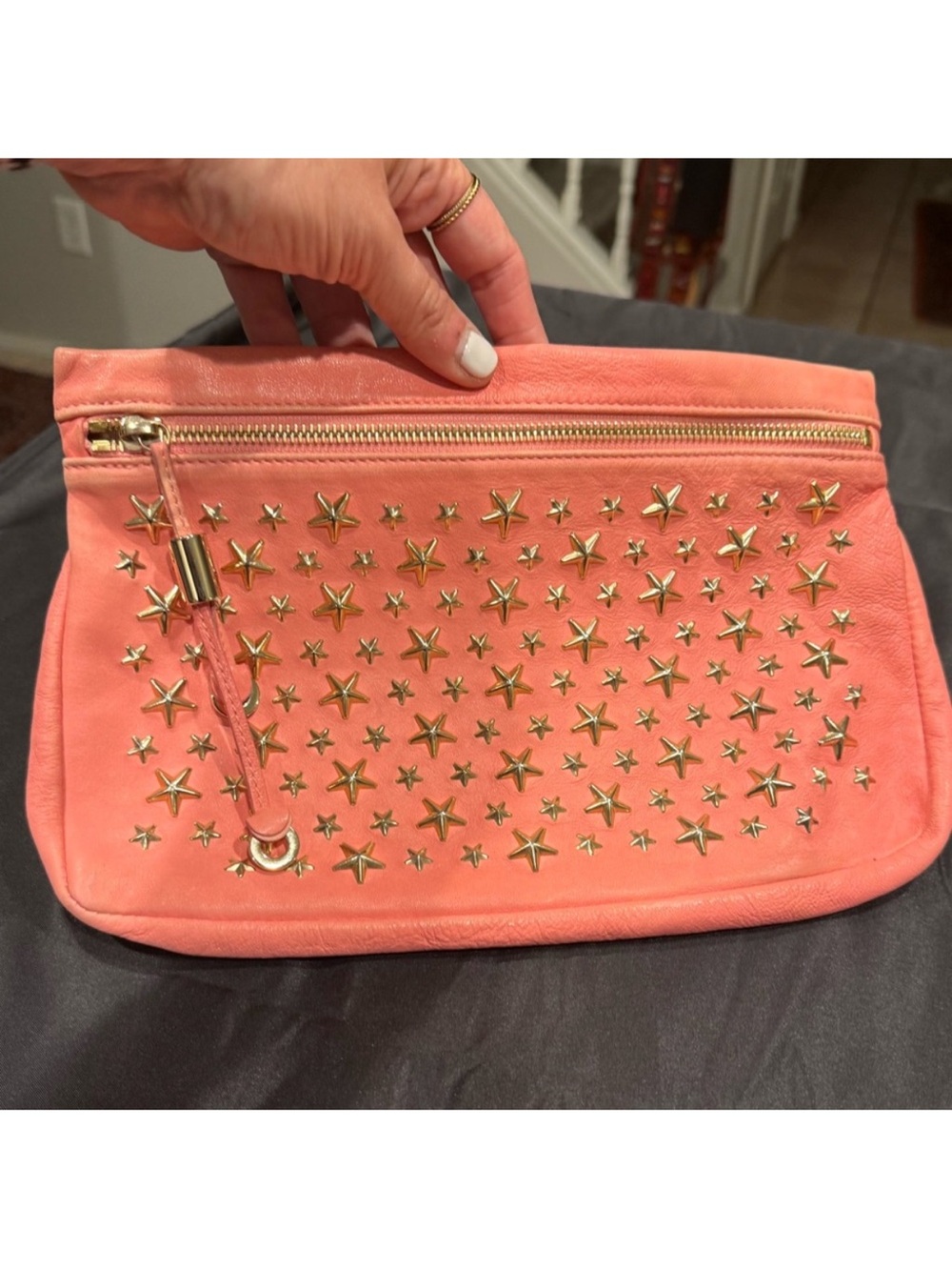 Jimmy Choo Studded Coral Leather Clutch with Gold Stars